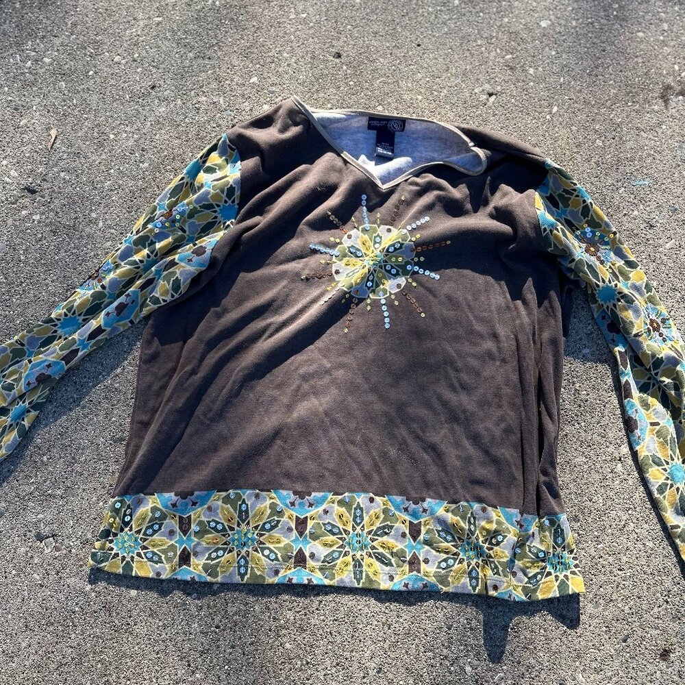 Vintage Y2K Venezia Jeans sun embroidered sequins graphic long sleeve shirt